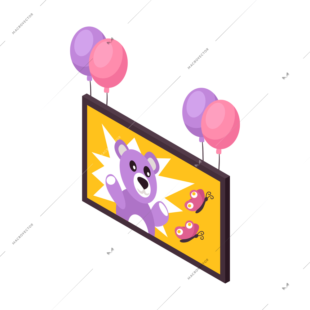 Isometric icon with children poster and colorful balloons 3d vector illustration