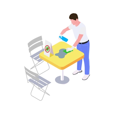 Waiter in protective gloves sanitizing cafe table isometric icon 3d vector illlustration