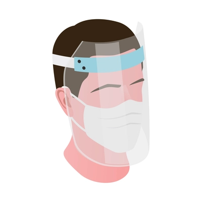 Isometric human face in medical mask and protective plastic shield vector illustration