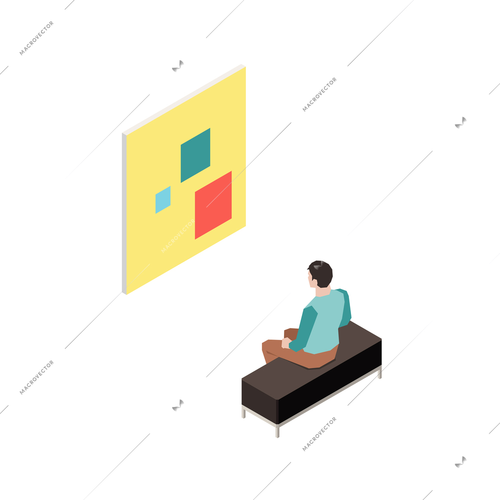 Isometric modern art gallery visitor looking at painting isolated vector illustration