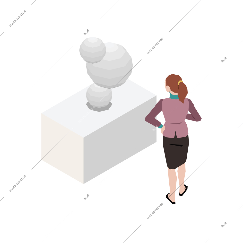 Isometric icon with woman looking at modern art sculpture at exhibition 3d vector illustration