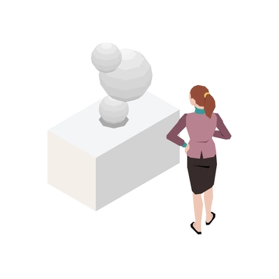 Isometric icon with woman looking at modern art sculpture at exhibition 3d vector illustration