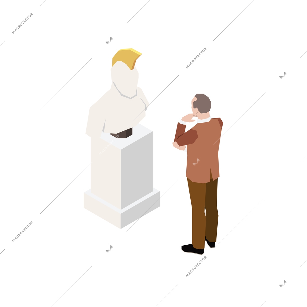 Isometric icon with man looking thoughtfully at marble bust at art exhibition vector illustration