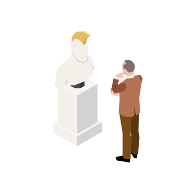 Isometric icon with man looking thoughtfully at marble bust at art exhibition vector illustration