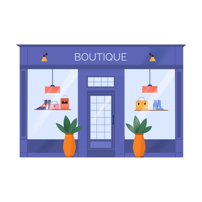 Boutique entrance and display with fashionable accessories flat icon vector illustration