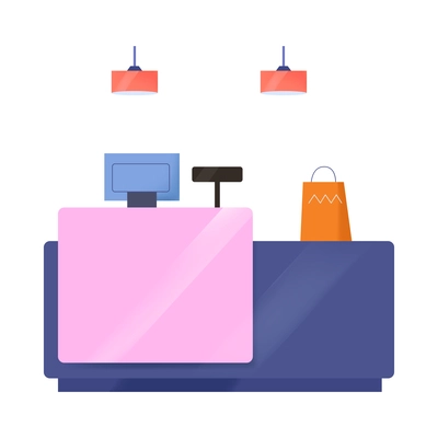 Flat icon with empty cashdesk and paper shopping bag vector illustration