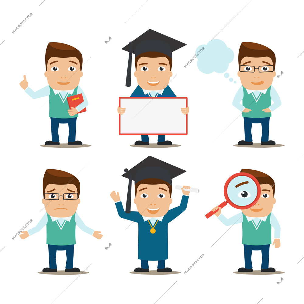 Education male characters research and graduation set isolated vector illustration