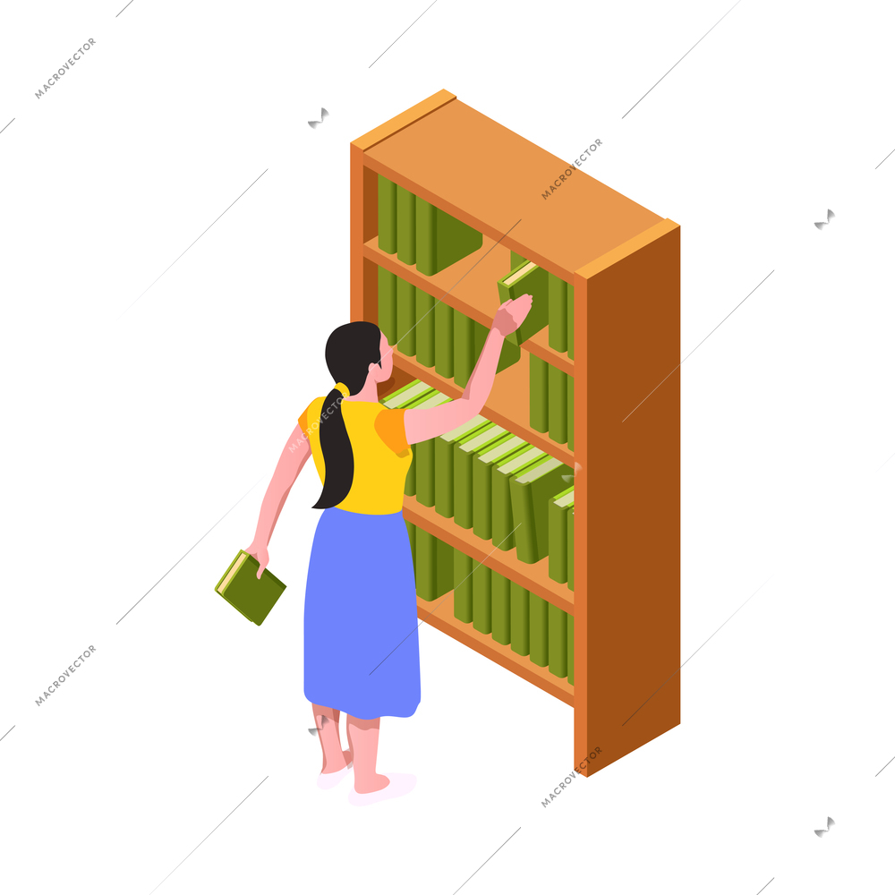 Isometric woman taking books from shelves in library 3d vector illustration