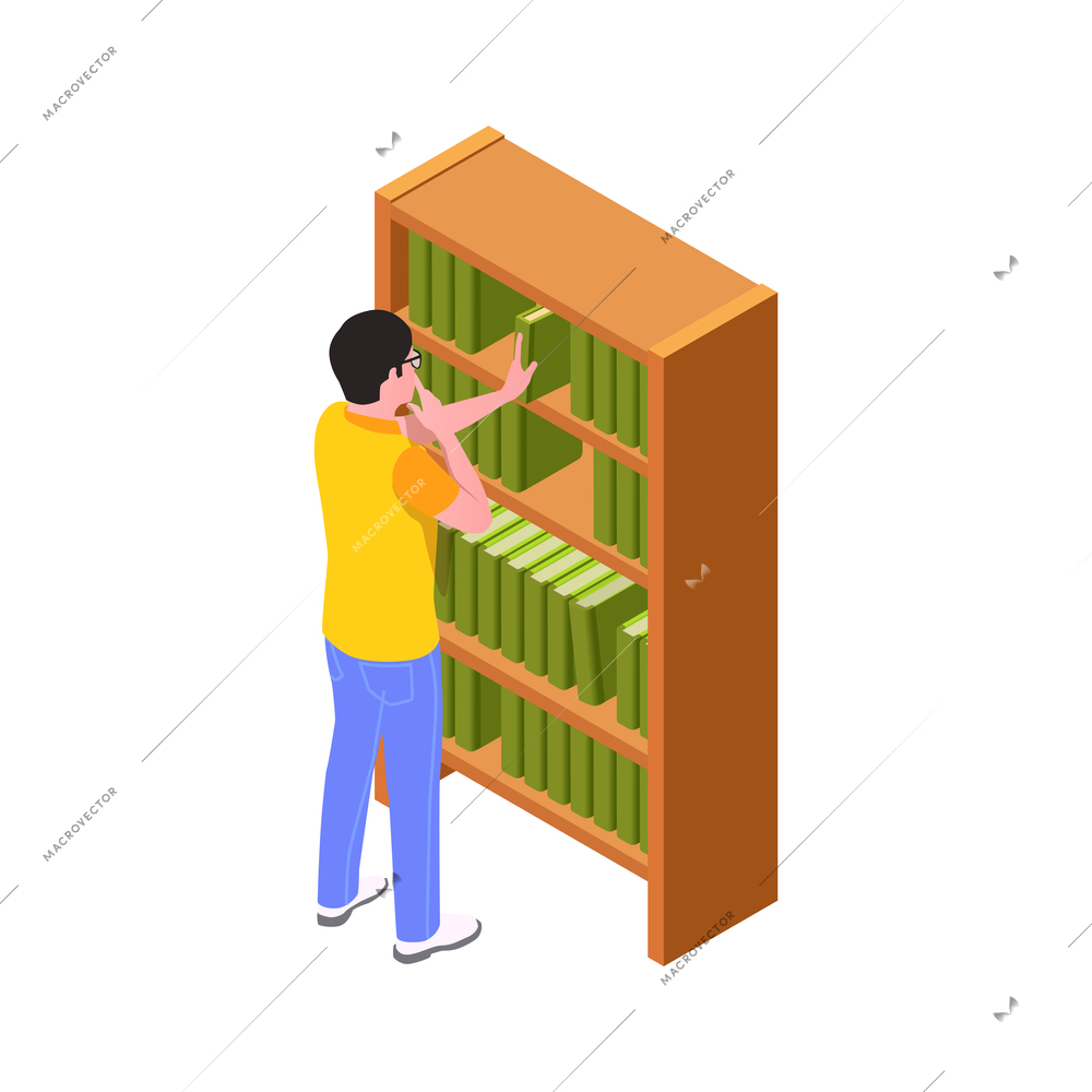 Man in glasses taking book from bookcase in library isometric vector illustration