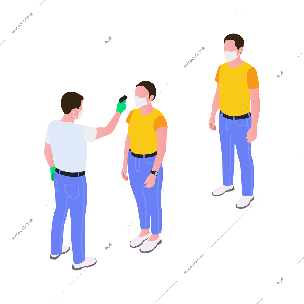 Man measuring body temperature with electronic infrared thermometer isometric icon 3d vector illustration