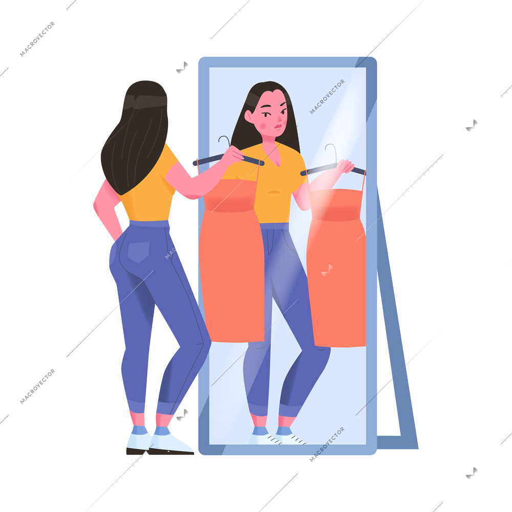 Women with dress looking in mirror at clothing store flat vector illustration