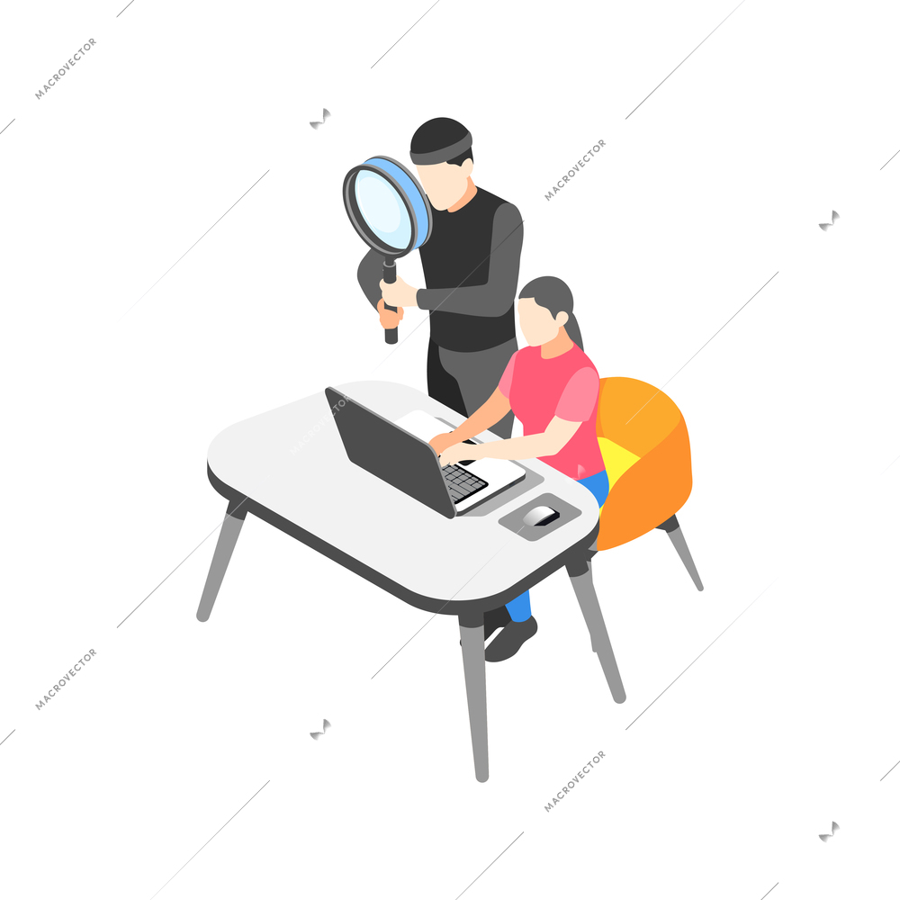 Internet privacy icon with woman being watched by hacker with magnifying glass isometric vector illustration