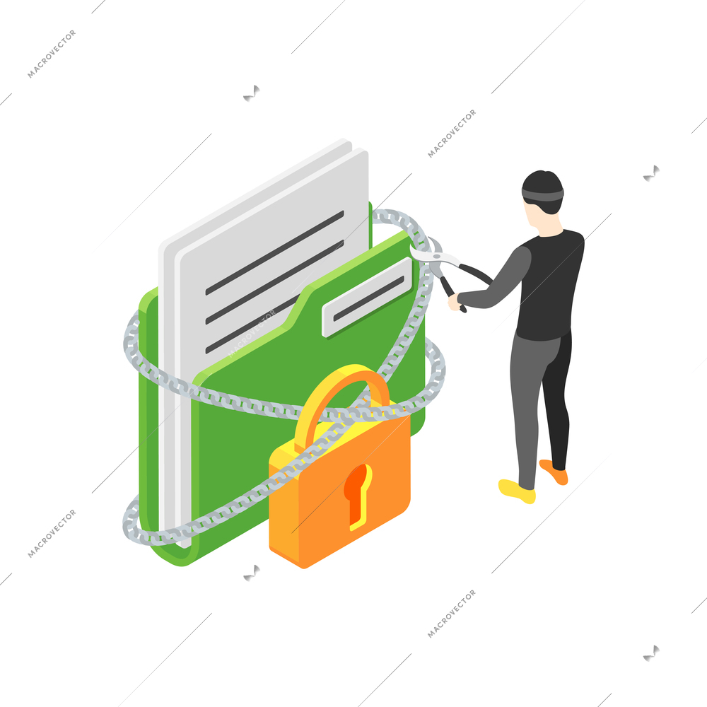 Isometric concept with hacker breaking chain to get personal data 3d vector illustration