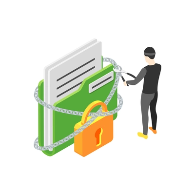 Isometric concept with hacker breaking chain to get personal data 3d vector illustration