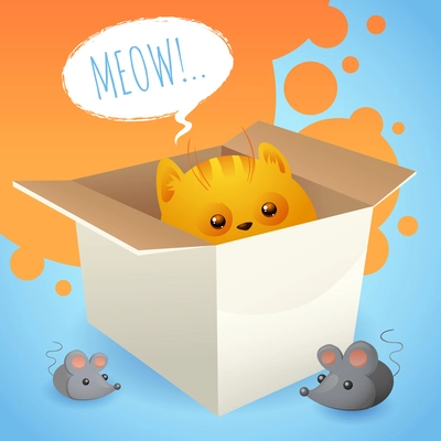 Kitten in carton box with mice background vector illustration