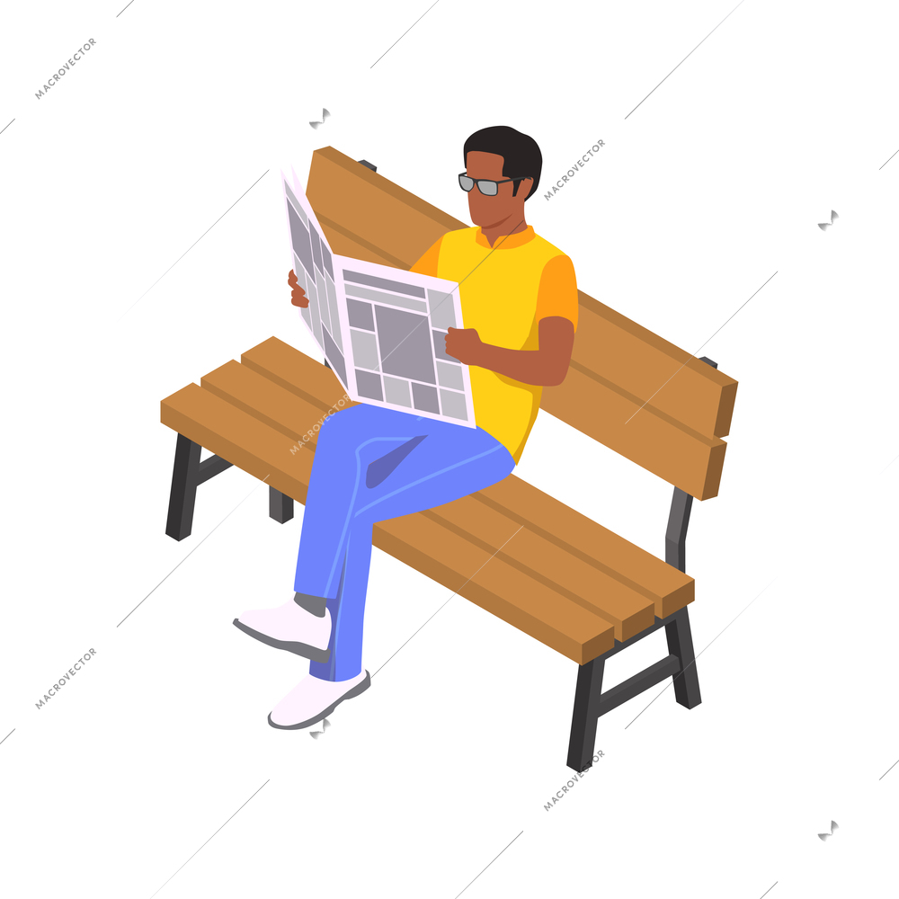 Isometric character of reading man with newspaper on wooden bench 3d vector illustration