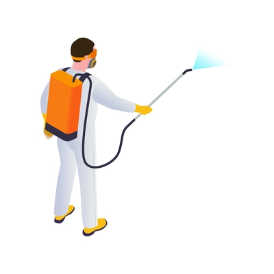 Back view of man in chemical protection suit doing disinfection 3d isometric vector illustration