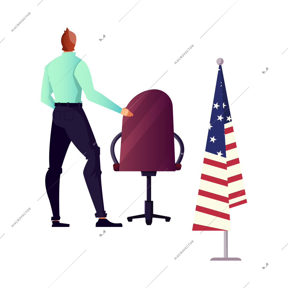Flat icon with character of politician chair and american flag isolated vector illustration