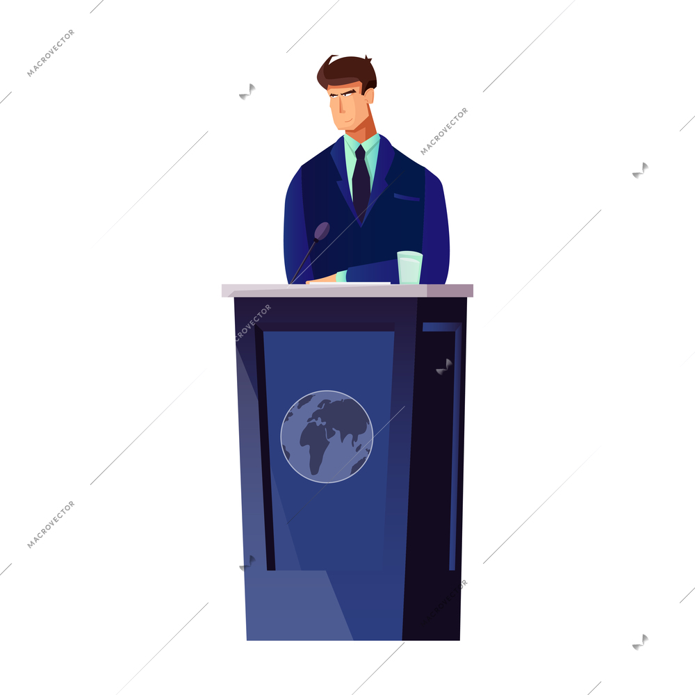 Flat male character of politician at speakers desk vector illustration