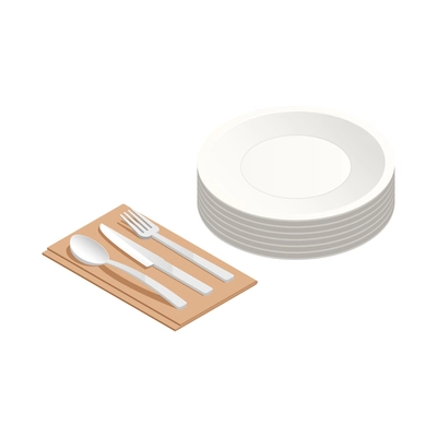 Isometric icon with pile of white plates and cutlery on napkin isolated vector illustration