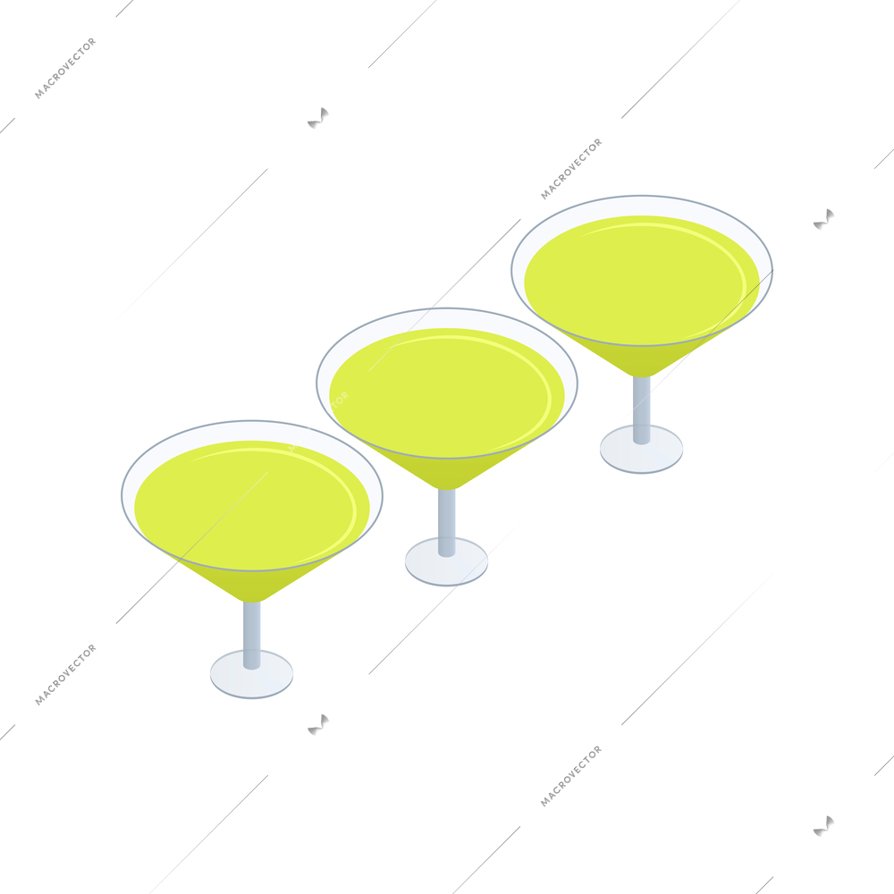 Three isometric cocktail glasses with drink 3d icon vector illustration