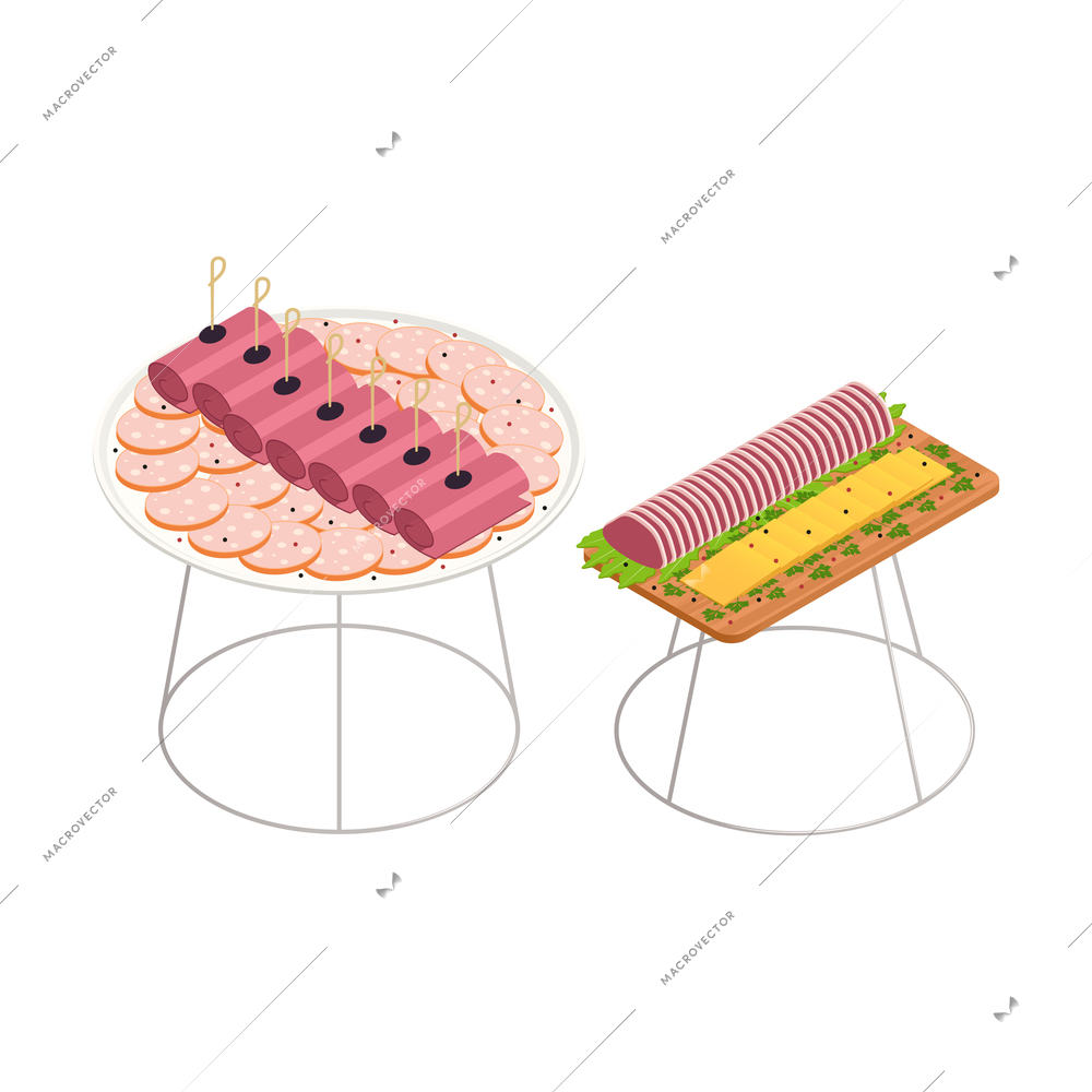 Isometric icon with served appetizers sliced cheese sausage on white background isolated vector illustration
