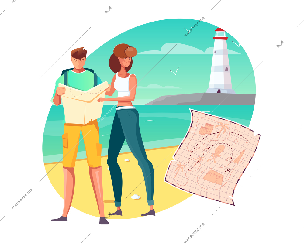 Flat composition with people going on pirate treasure hunt on sea coast vector illustration