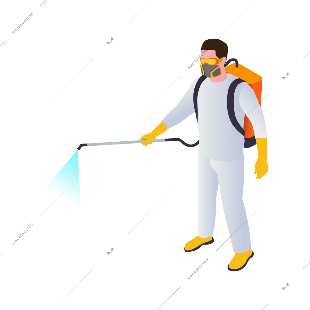 Isometric icon with man in white protective suit doing disinfection 3d vector illustration