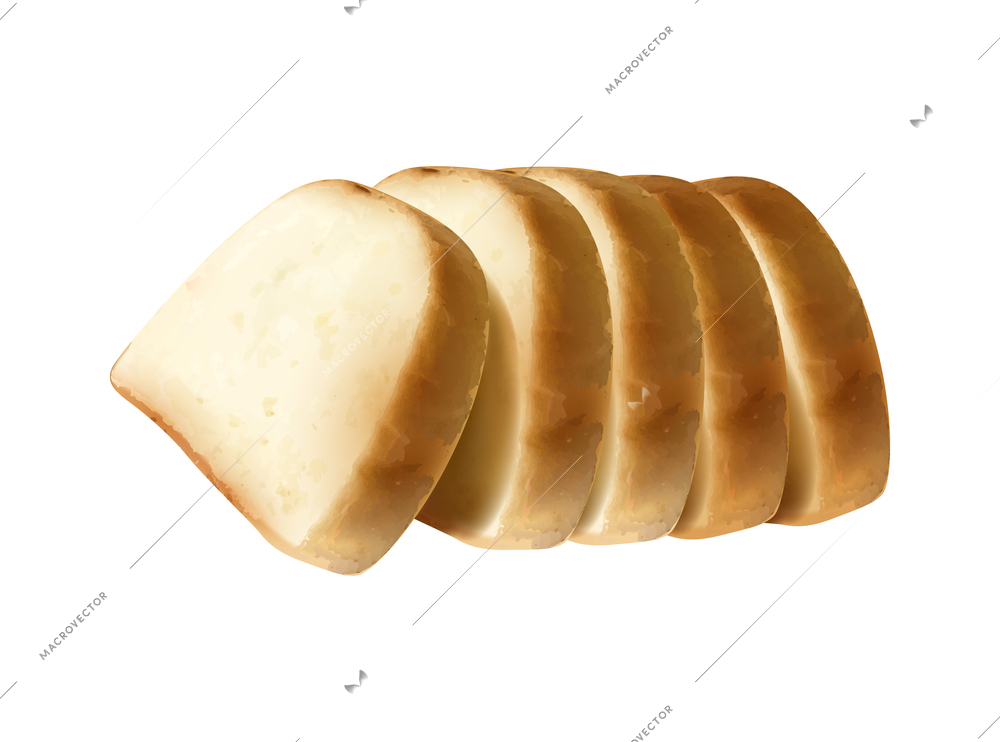 Slices of fresh wheat bread side view on white background realistic vector illustration