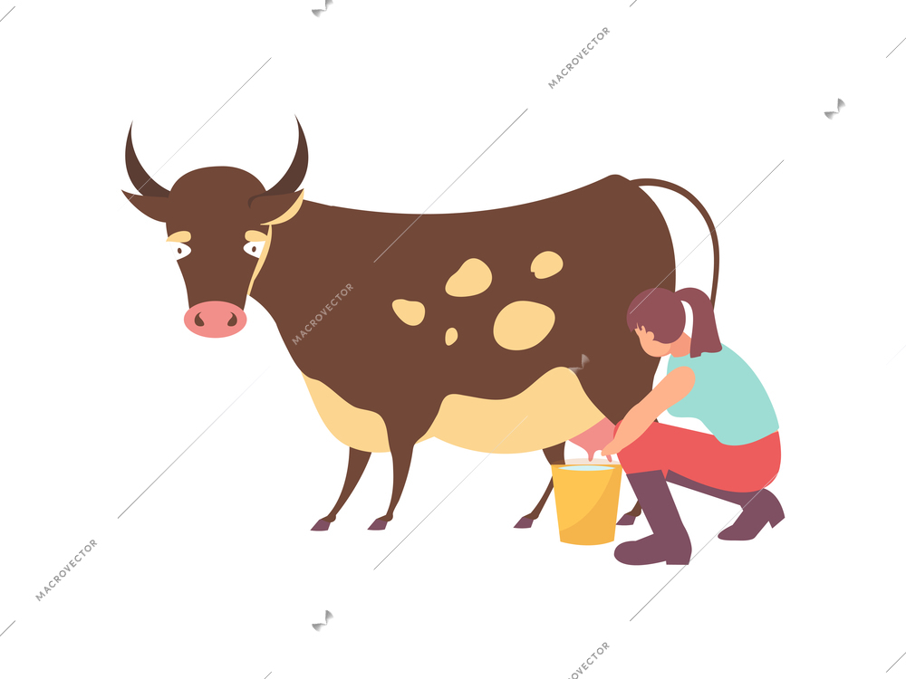 Flat icon with woman milking cow on white background vector illustration