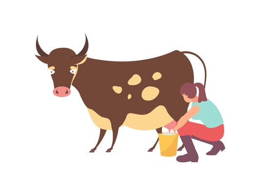 Flat icon with woman milking cow on white background vector illustration