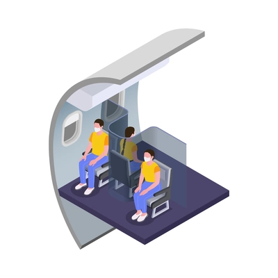 Characters in masks keeping social distance in plane isometric vector illustration