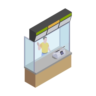 Isometric icon with cashier behind protective plastic barrier 3d vector illustration