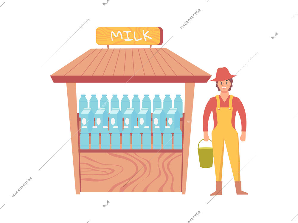 Happy farmer selling fresh milk flat vector illustration