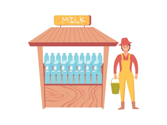 Happy farmer selling fresh milk flat vector illustration