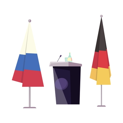 Flat icon with speakers stand microphone russian and german flags isolated vector illustration