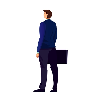 Flat back view of man wearing suit with briefcase on white background vector illustration