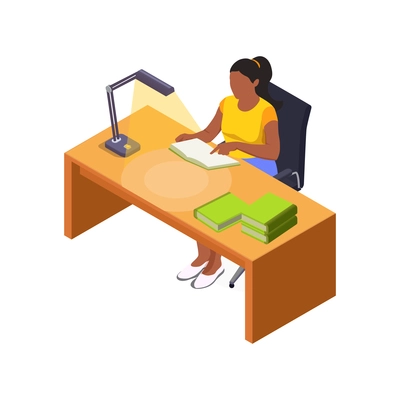Female character reading books at desk with lamp isometric vector illustration