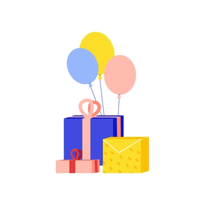 Flat icon with holiday presents in colorful boxes and balloons vector illustration