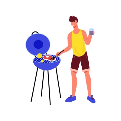 Flat icon with smiling man making barbecue at party vector illustration