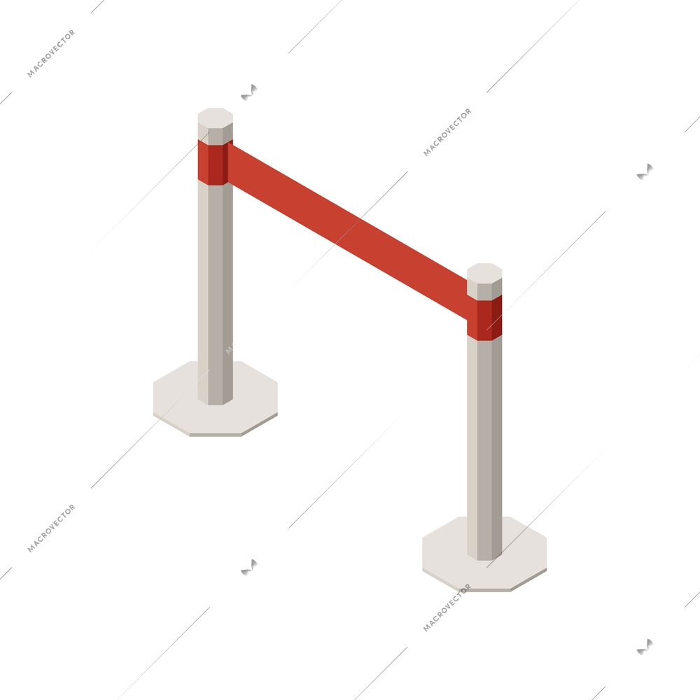 Red belt barrier with metal stanchions isometric icon on white background vector illustration