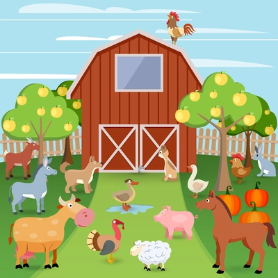 Summer farm with wooden house and domestic animals vector illustration