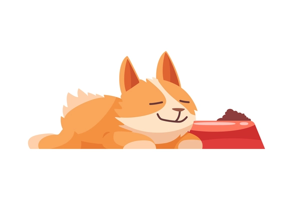 Happy full puppy sleeping near his bowl cartoon vector illustration