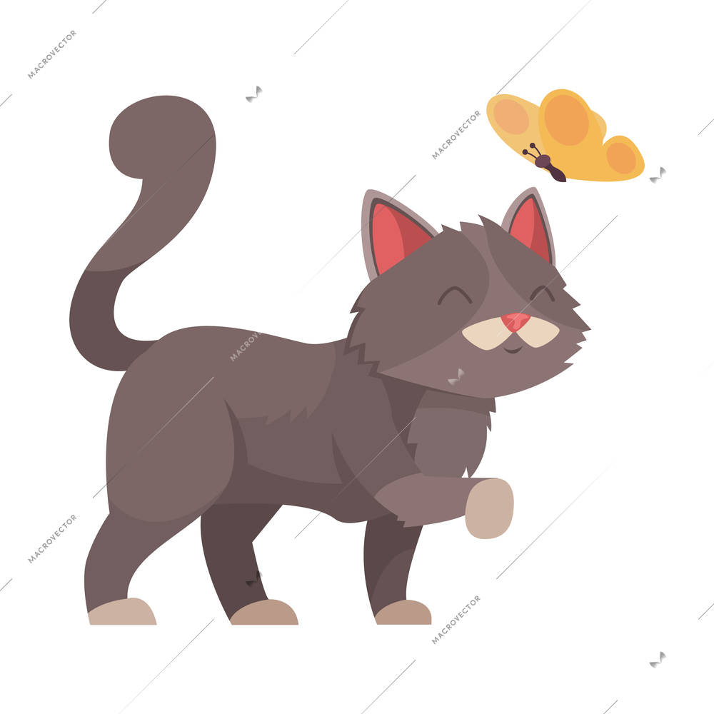 Cute happy cat and butterfly on white background cartoon vector illustration