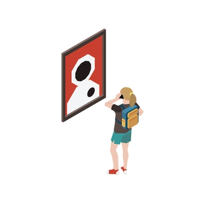 Art gallery isometric icon with school girl talking on phone in front of painting vector illustration