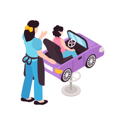 Isometric icon with hairdresser and child sitting in car chair vector illustration