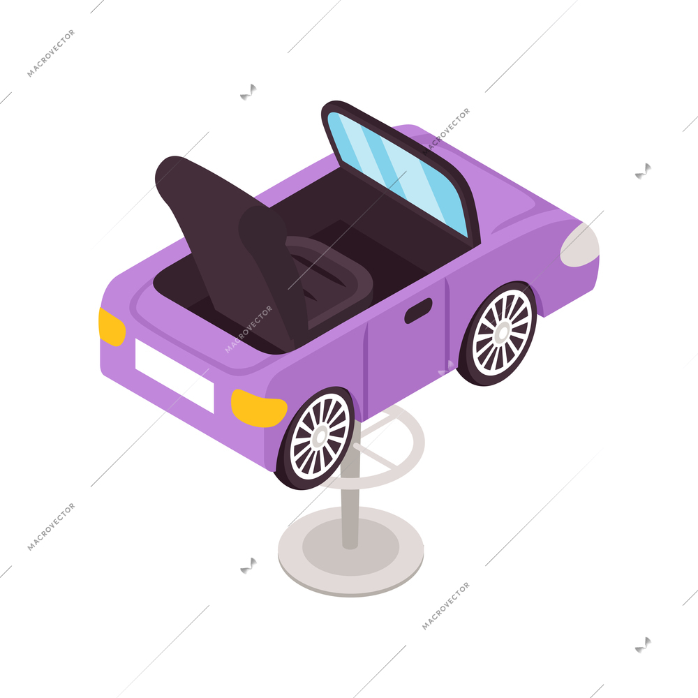 Back view of chair in shape of car for children hairdressers interior isometric vector illustration
