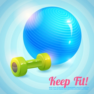 Healthy lifestyle background with gym ball and dumbbells keep fit background vector illustration