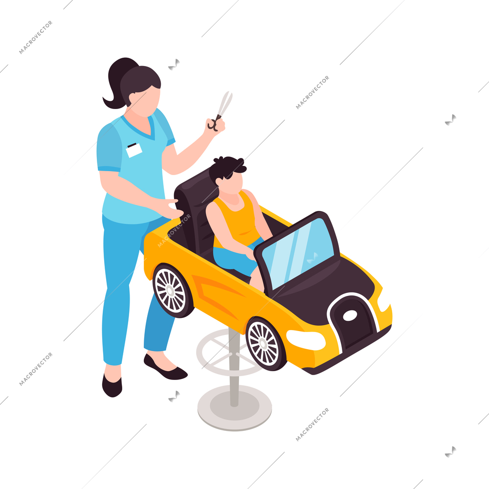 Woman hairdresser doing boy client haircut in salon with creative chairs isometric vector illustration