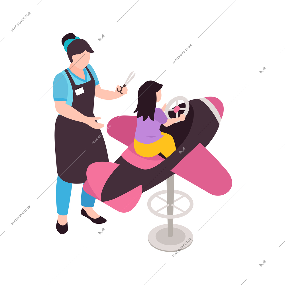 Hairdresser cutting hair of little girl sitting on chair in shape of plane isometric vector illustration